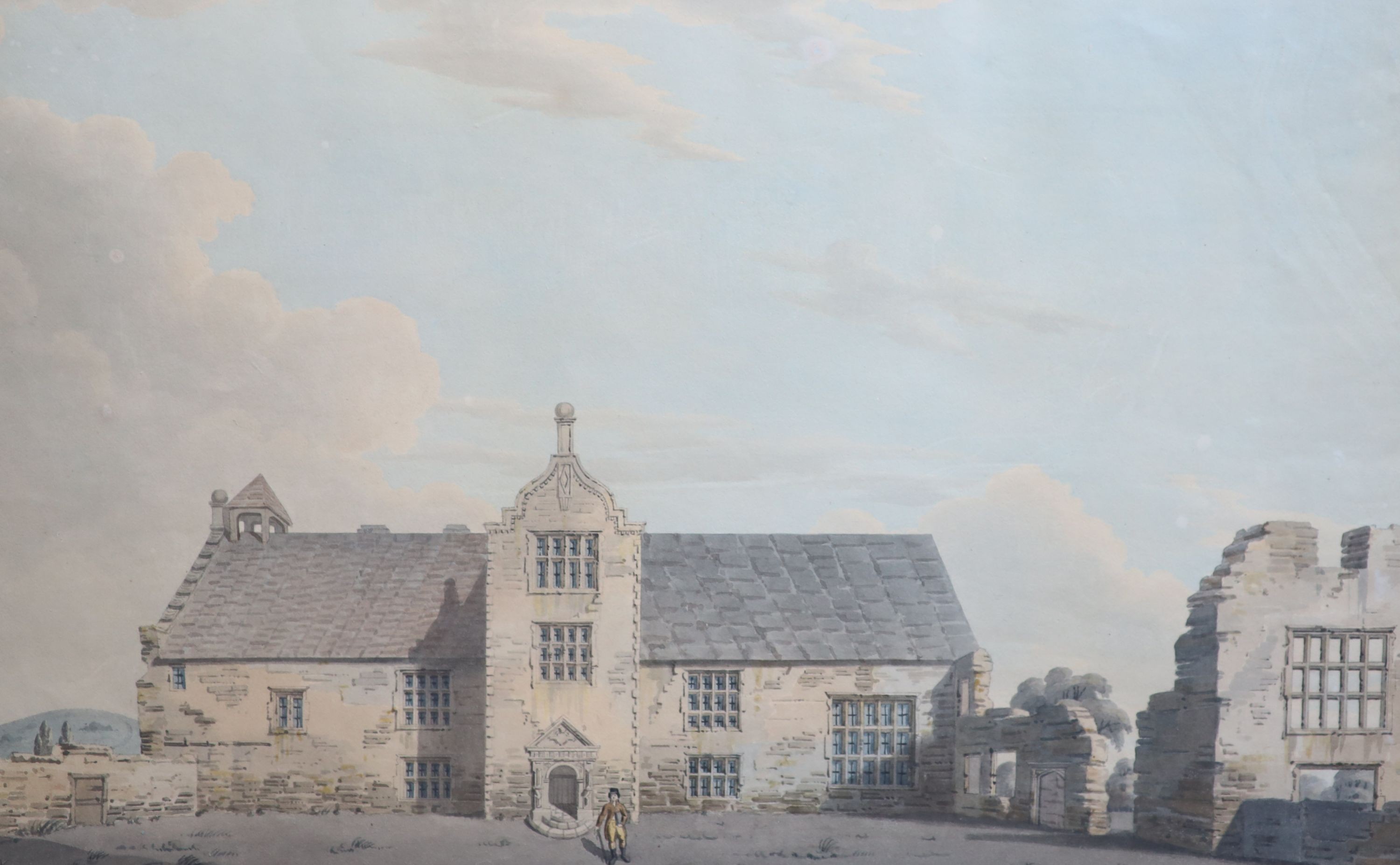 T Athow (fl. 1780-1820), Two elevations of Combwell Priory, Pencil and watercolour, a pair, 31 x 52cm.